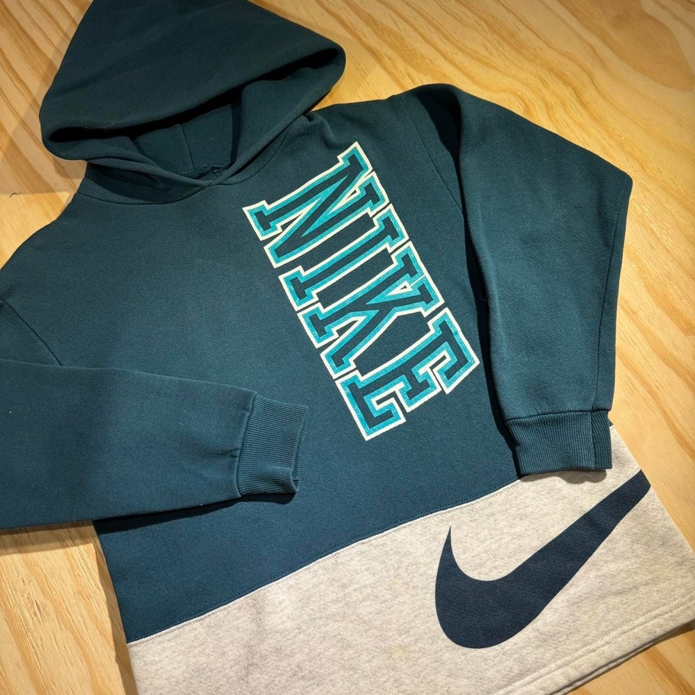 Nike Boys Teal Grey Colorblock Vertical Logo Fleece Pullover Hoodie L